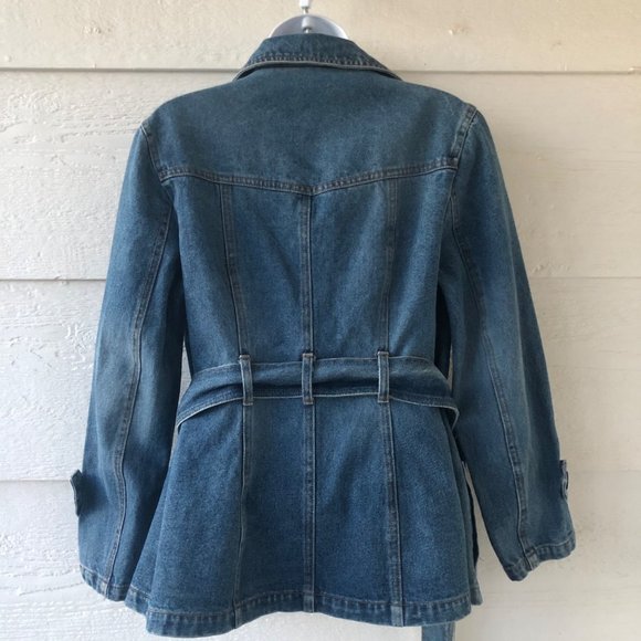 Rampage Size Med Vintage Double Breasted Belted Blue Denim Jacket with Pockets - Picture 13 of 16